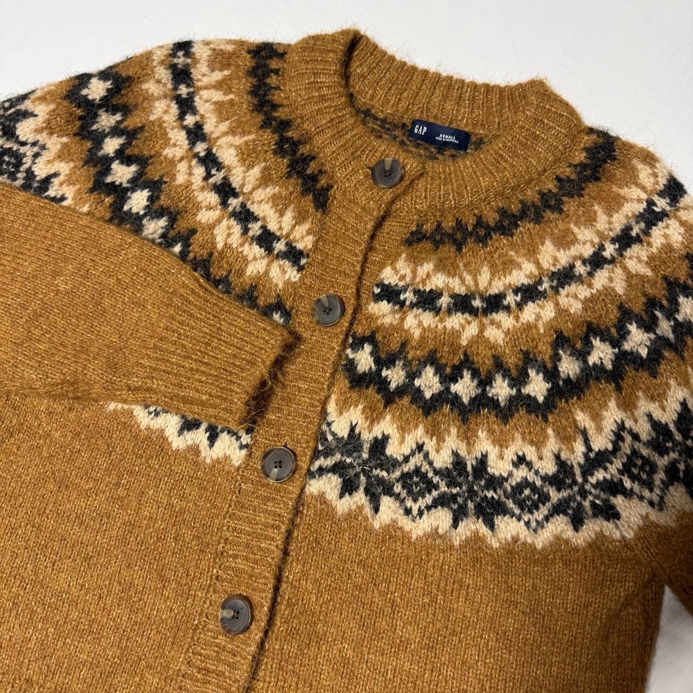 Gap Cardigan Sweater Fair Isle Fuzzy Wool Alpaca Poly Blend Womens Size XS (med)